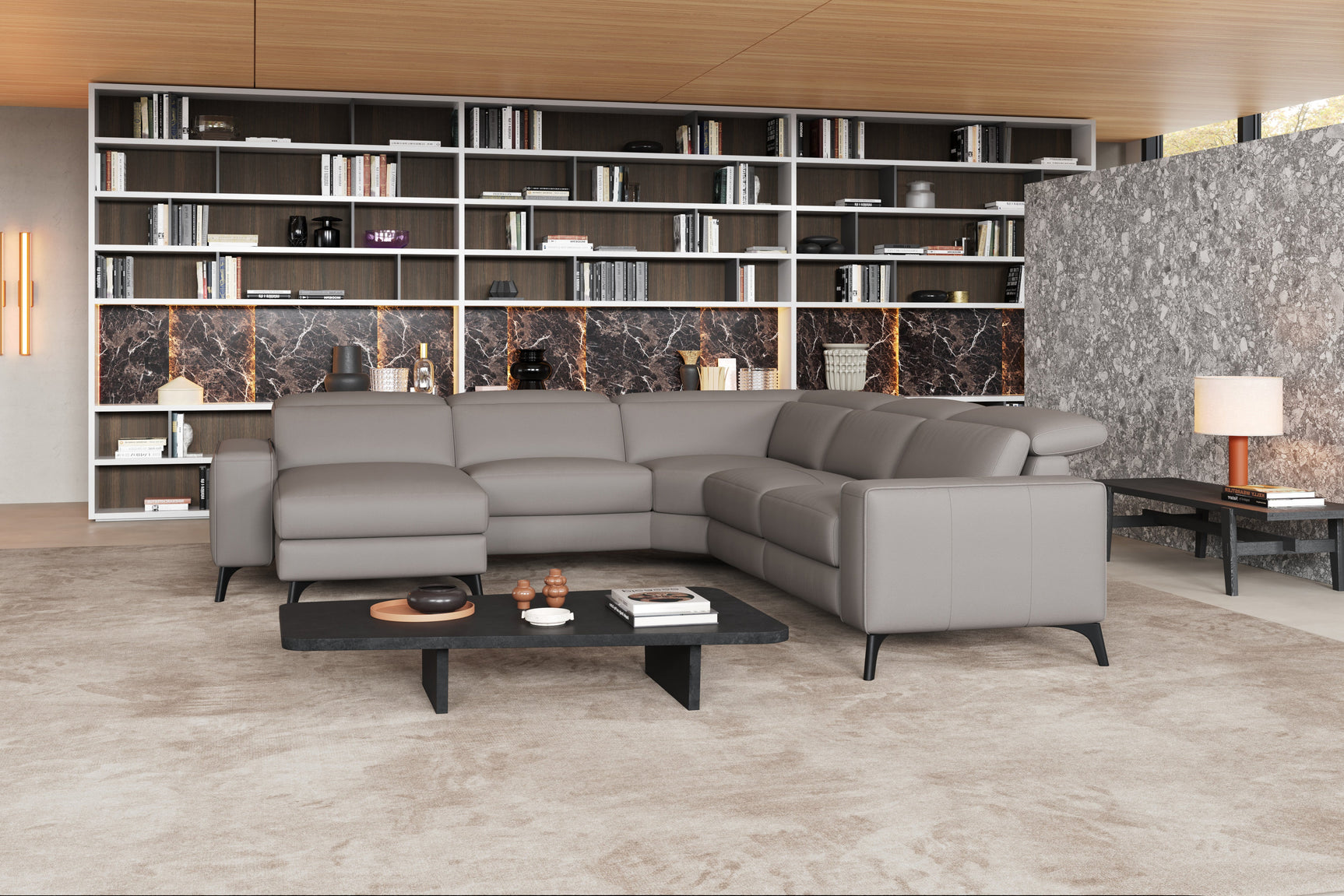 Canapé d'angle inclinable sectionnel en cuir Esther