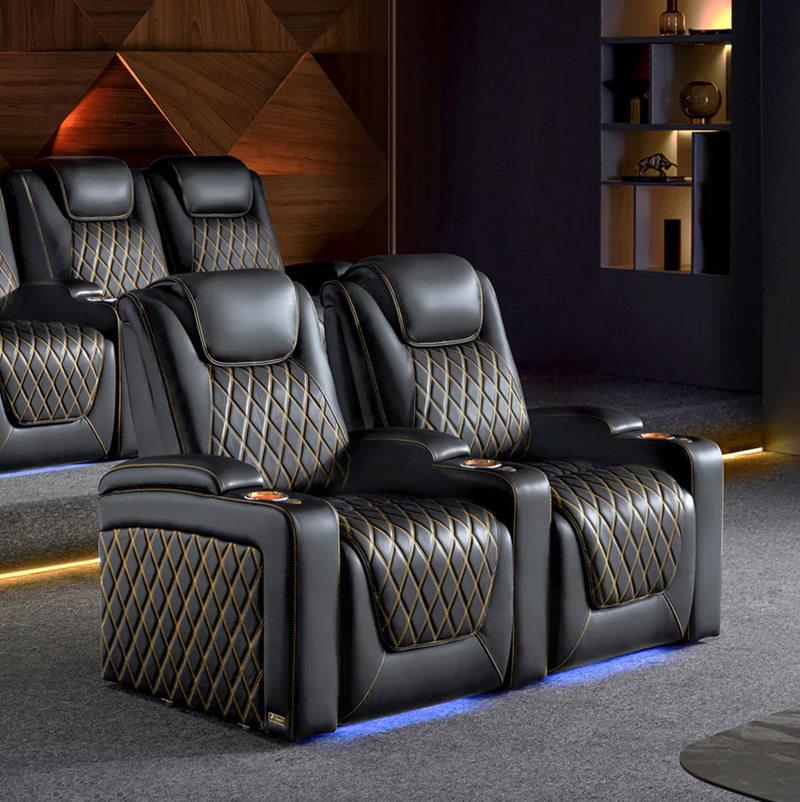 2 rows of the Valencia Oslo Ultimate Edition with gold stitching and black color in a sleek and modern room in a home