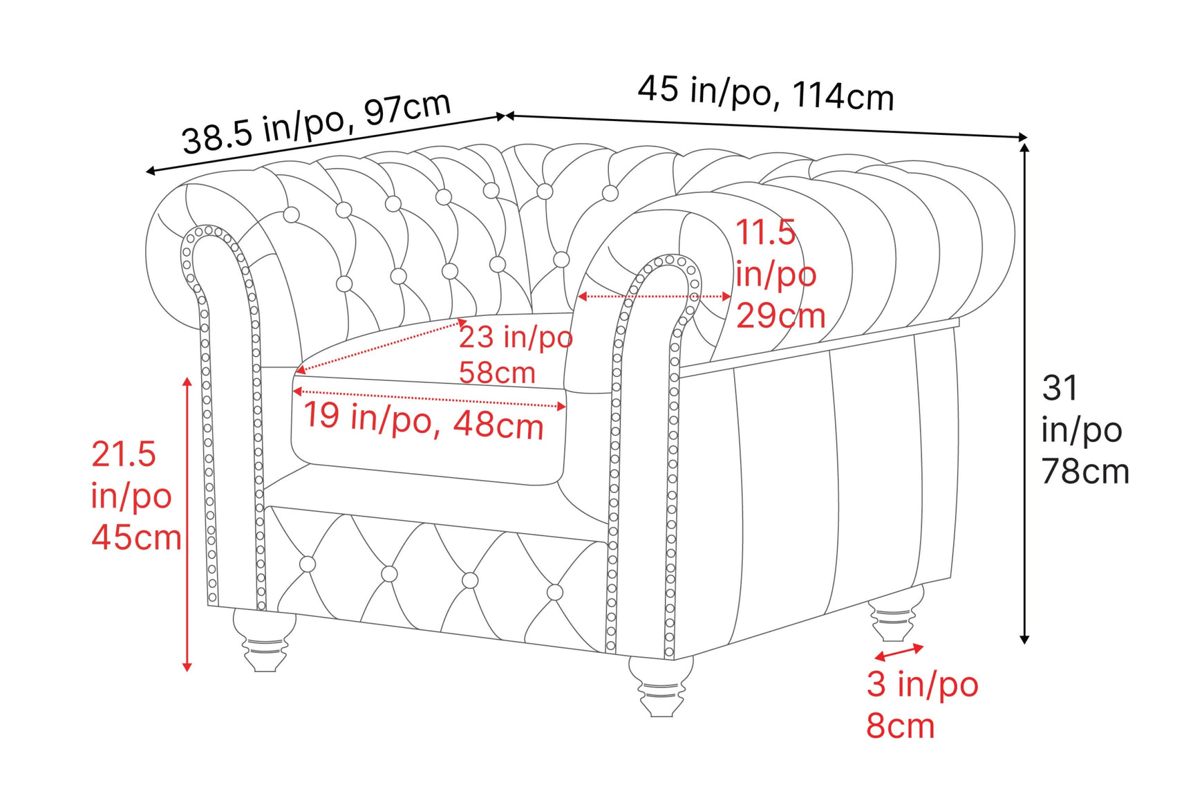 Fauteuil d'appoint Chesterfield en cuir Parme