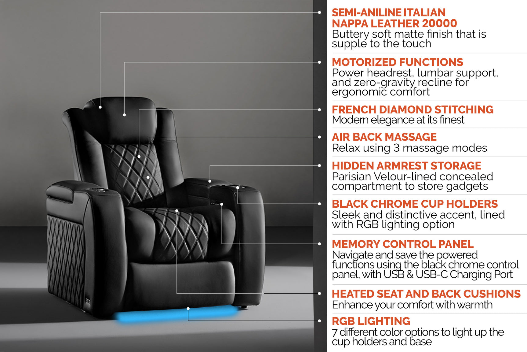 Tuscany Luxury Float Zero Gravity Heat & Massage 2025 Home Theater Seating