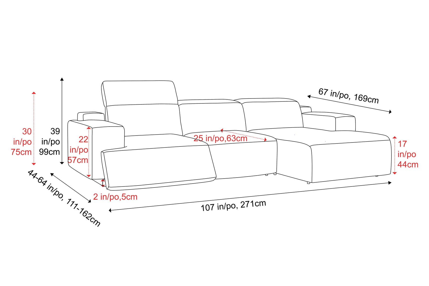 Canapé sectionnel inclinable en cuir Valentina