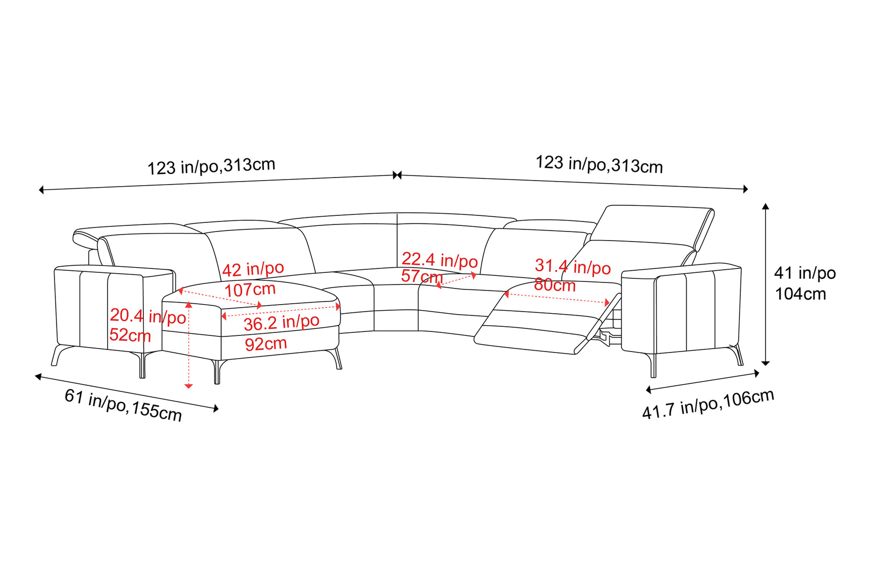 Canapé d'angle inclinable sectionnel en cuir Esther