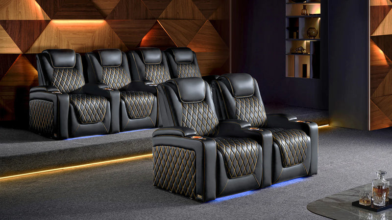 2 rows of the Valencia Oslo Ultimate Edition with gold stitching and black color in a sleek and modern room in a home