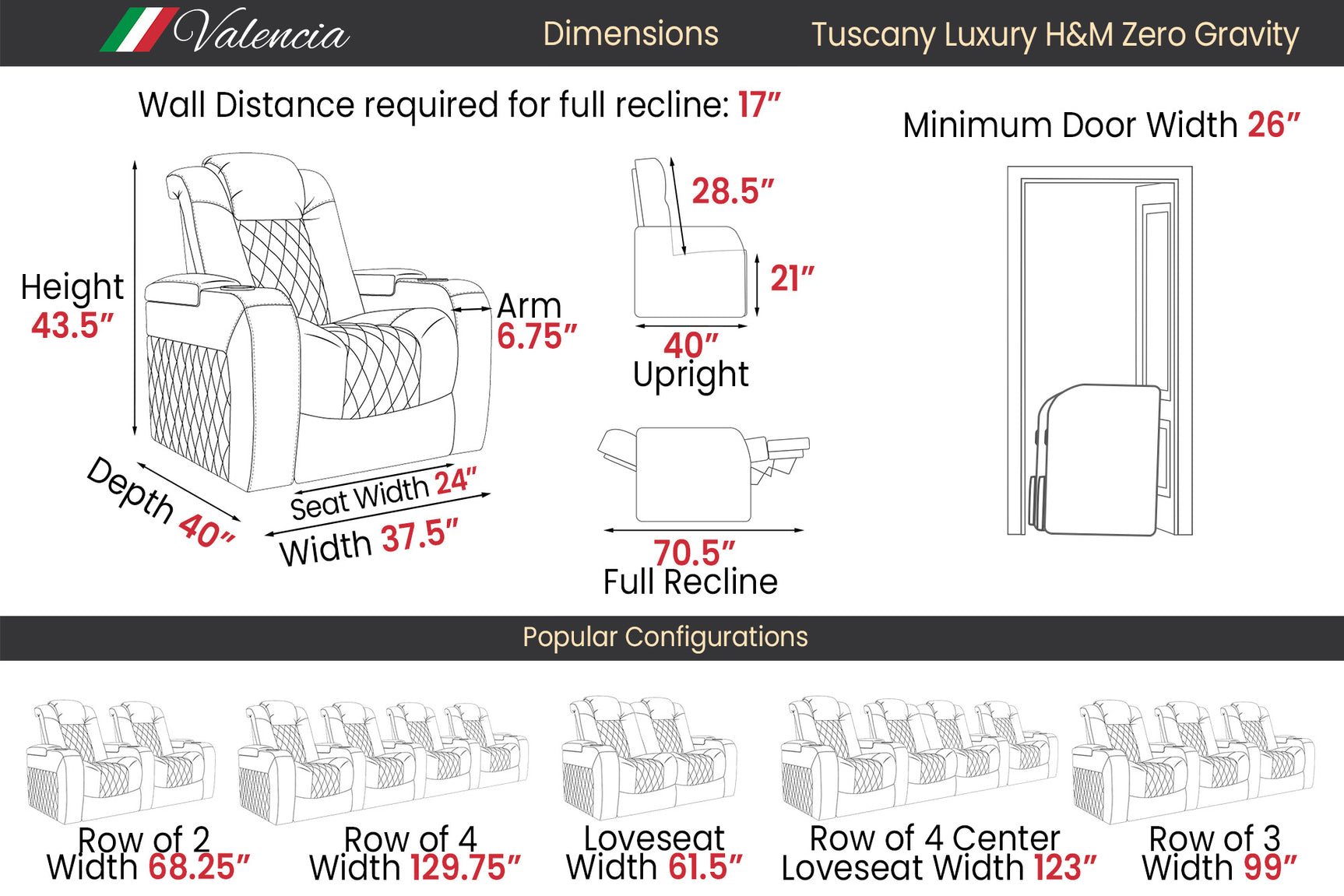 Tuscany Luxury Float Zero Gravity Heat & Massage 2025 Home Theater Seating